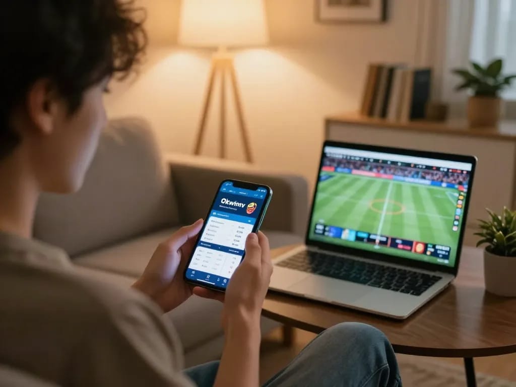 Okwintv mobile betting app interface showcased on a smartphone in a cozy home setting.