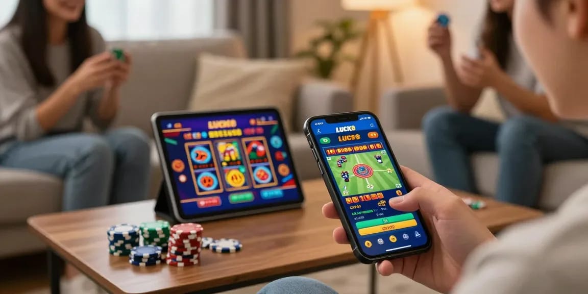 LUCK8 mobile gambling interface in a lively living room setting