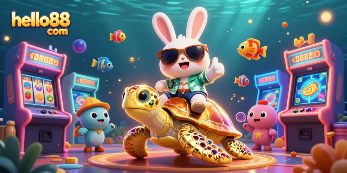 Join the fun at hello88 com with a lucky rabbit and golden turtle in a vibrant casino scene!