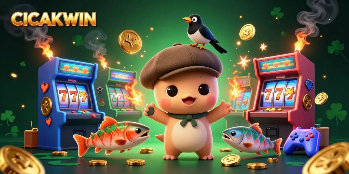 CICAKWIN gaming illustration featuring engaging characters and slot machines, creating vibrant casino excitement.