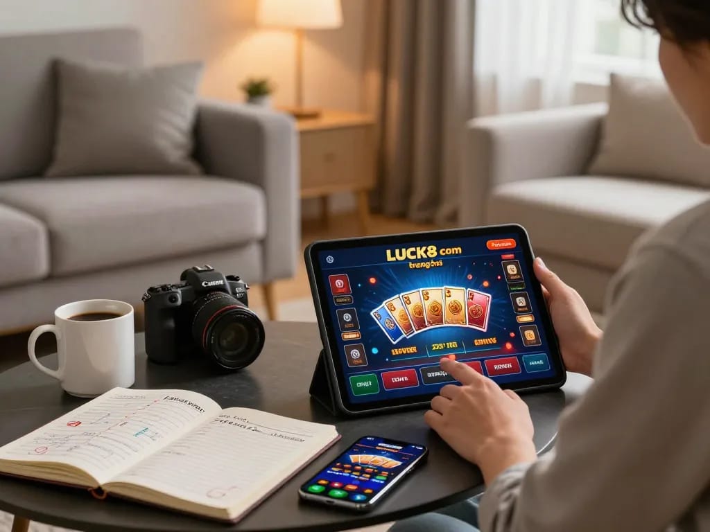 Engaging gaming moment at LUCK8 com trang chủ with a player strategizing their game plan in a cozy home environment.