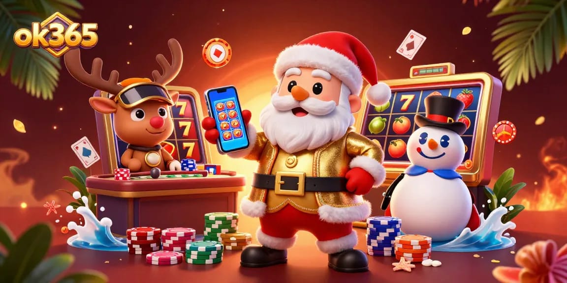 Spin, win, and enjoy the thrills at ok365 with Santa and friends in a lively casino scene.