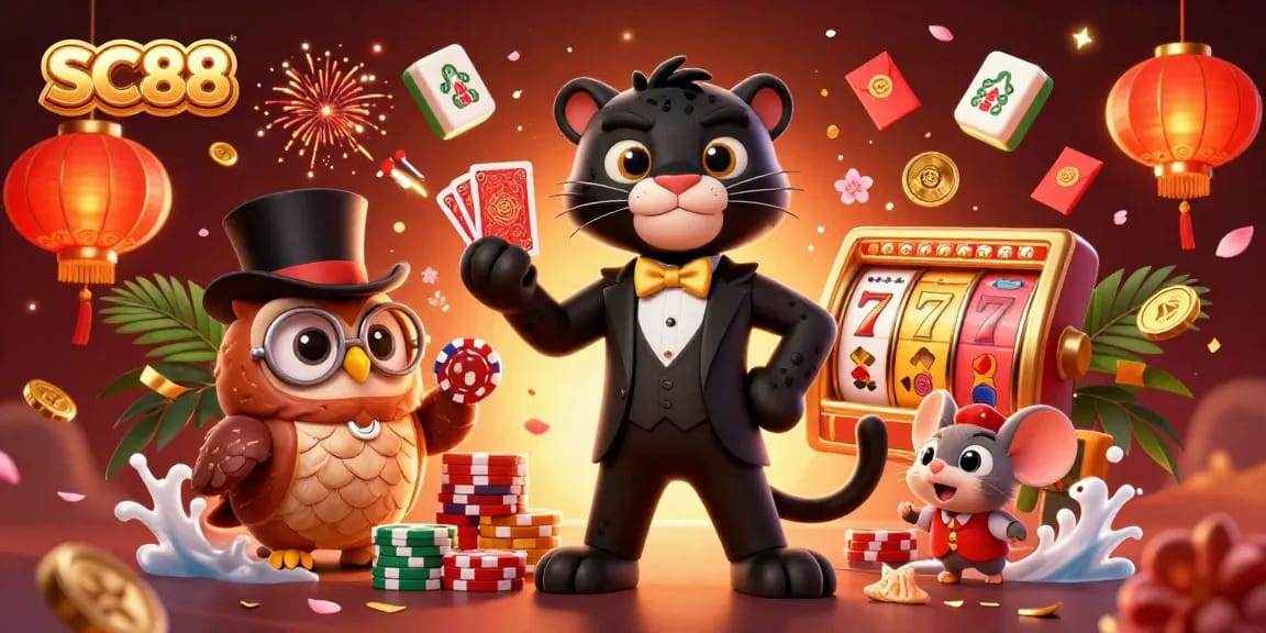 Engage in thrilling gaming at SC88 with a stylish panther dealer surrounded by slot reels and lucky symbols.