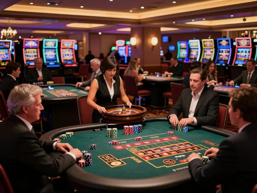 Players place bets at roulette tables in a bustling casino atmosphere showcasing TR88 excitement