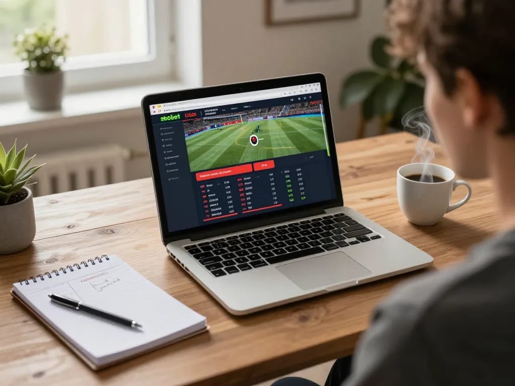 Engaging in sbobet online sports betting on a modern laptop with strategic notes nearby.