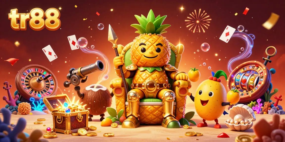 Engage in vibrant gaming adventures at tr88, where a golden pineapple king reigns over a beach casino surrounded by treasures.