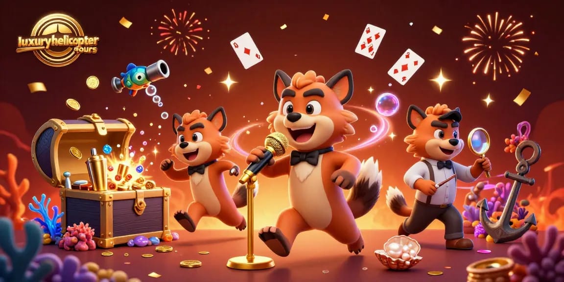 Experience luxuryhelicoptertours while enjoying a vibrant casino scene with hyenas and treasures.