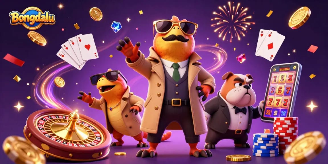 Bongdalu features three raptors in disguise entering a casino, surrounded by dynamic gaming elements.