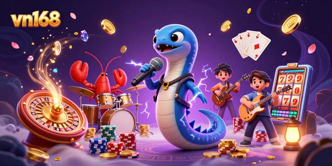 Experience thrilling gaming at vn168 with a DJ electric eel and colorful casino elements in vibrant underwater scene.