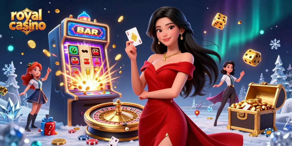 Experience royal x casino with a beautiful woman holding a golden playing card beside a roulette wheel.