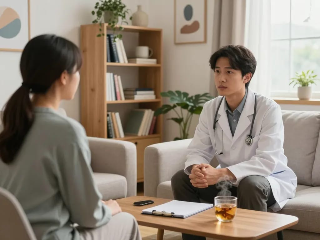 A tranquil therapy session illustrating a psychiatrist discussing 抑鬱症 in a calming setting.