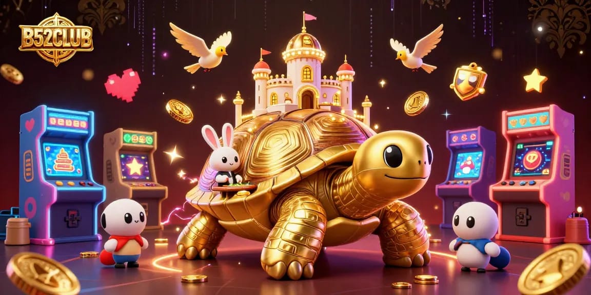 B52CLUB invites players to enjoy a spectacular casino experience featuring vibrant 3D elements and a rabbit dealer.