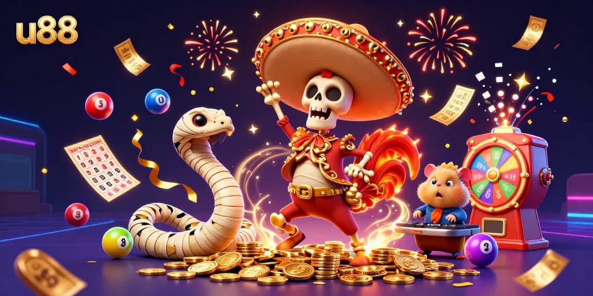 Engage with u88's vibrant casino scene featuring a mariachi rooster, mummy snake, and DJ hamster amidst festive gaming elements.