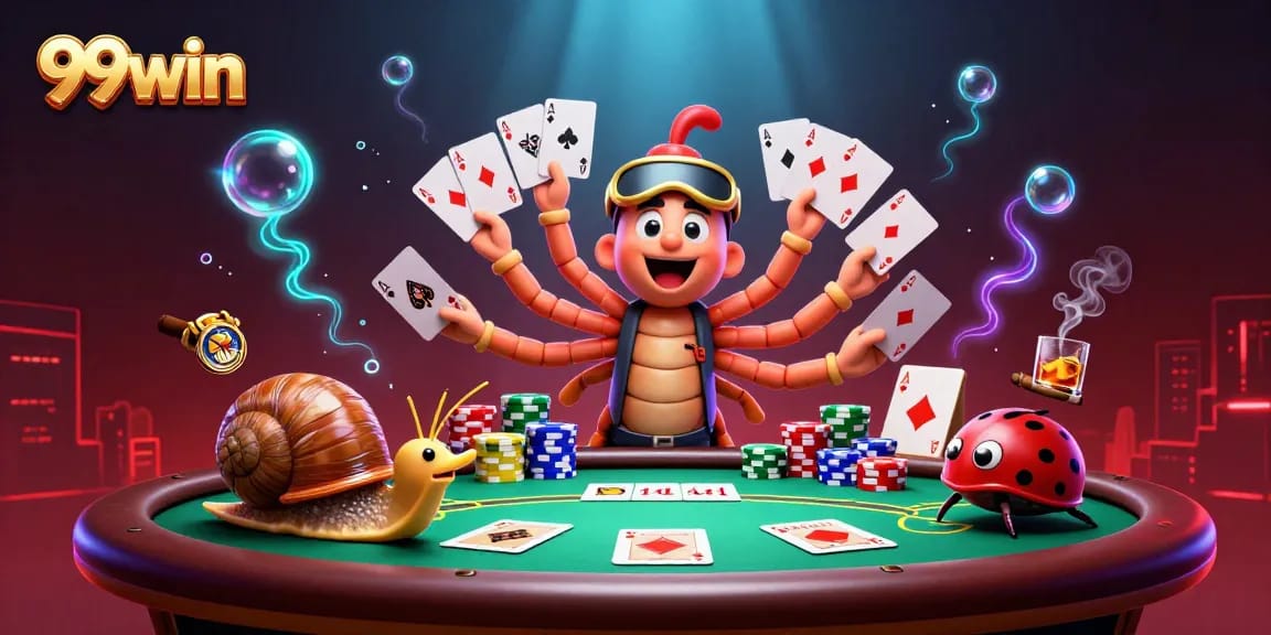 Experience the thrill of the 99win casino featuring a cartoon millipede dealer with exciting gameplay elements.