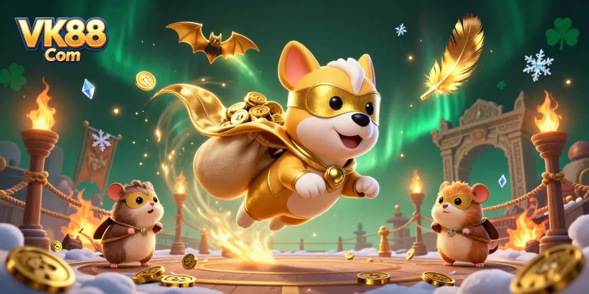 Engage with VK88 Com in a vibrant casino-inspired scene featuring a superhero dog and hamster.