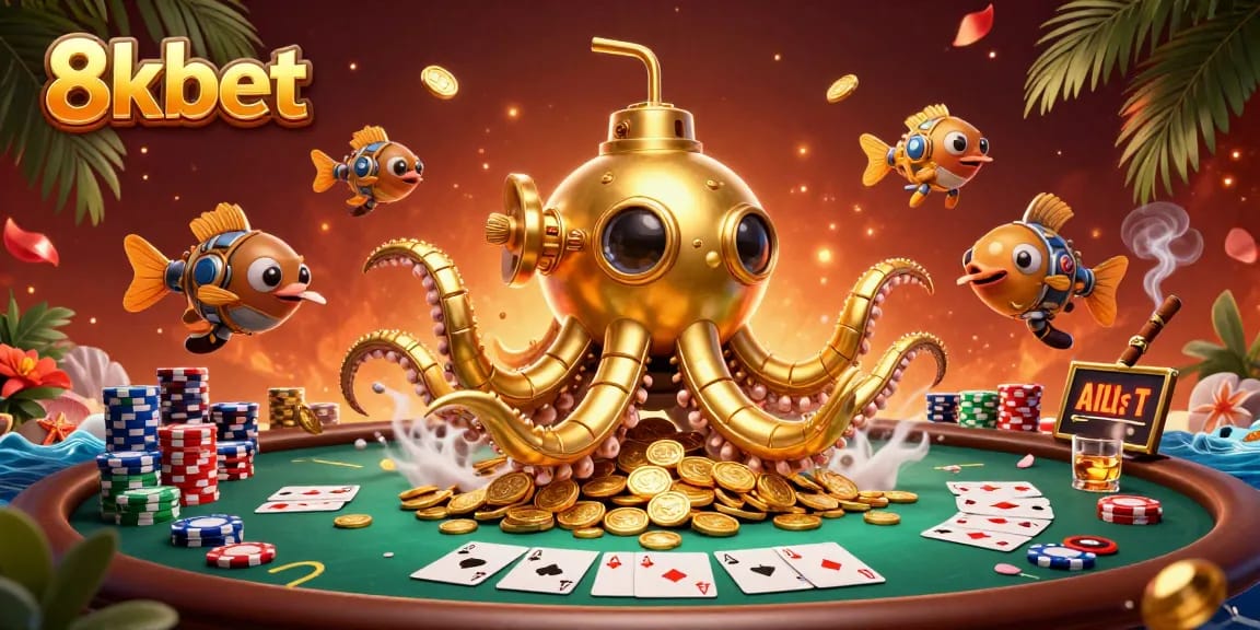 Experience high stakes at 8xbet with a golden kraken submarine amid poker chips and cards.