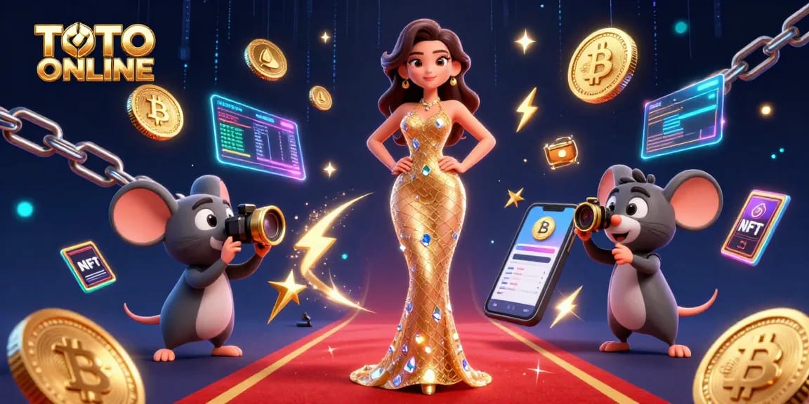 Experience TOTO ONLINE excitement with a glamorous casino scene showcasing a glamorous woman, cryptocurrency, and vibrant elements.