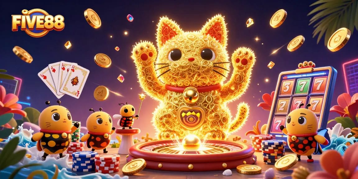 Experience the excitement of FIVE88 with vibrant casino elements and a magical lucky cat!