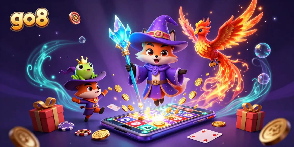 Engage with go8's enchanting gaming world, featuring a wizard fox, phoenix, and immersive slot games.