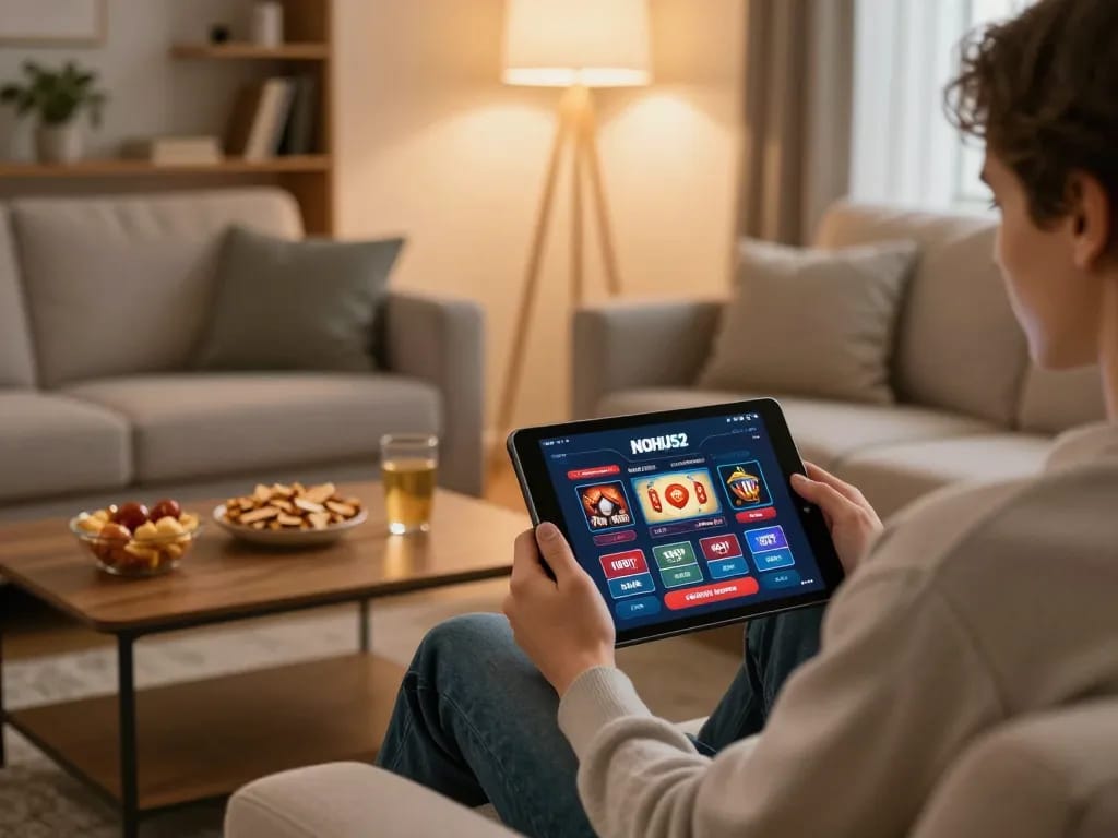 Engaging with the NOHU52 online gaming interface in a cozy living room setting