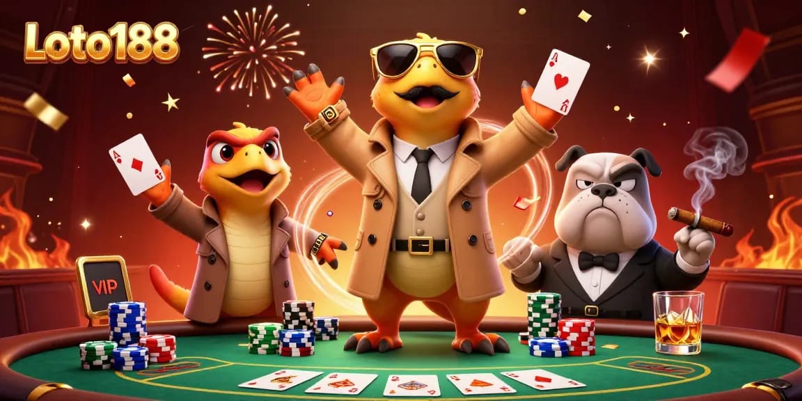 Loto188 raptors entering a VIP casino lounge, surrounded by poker elements and festive confetti.