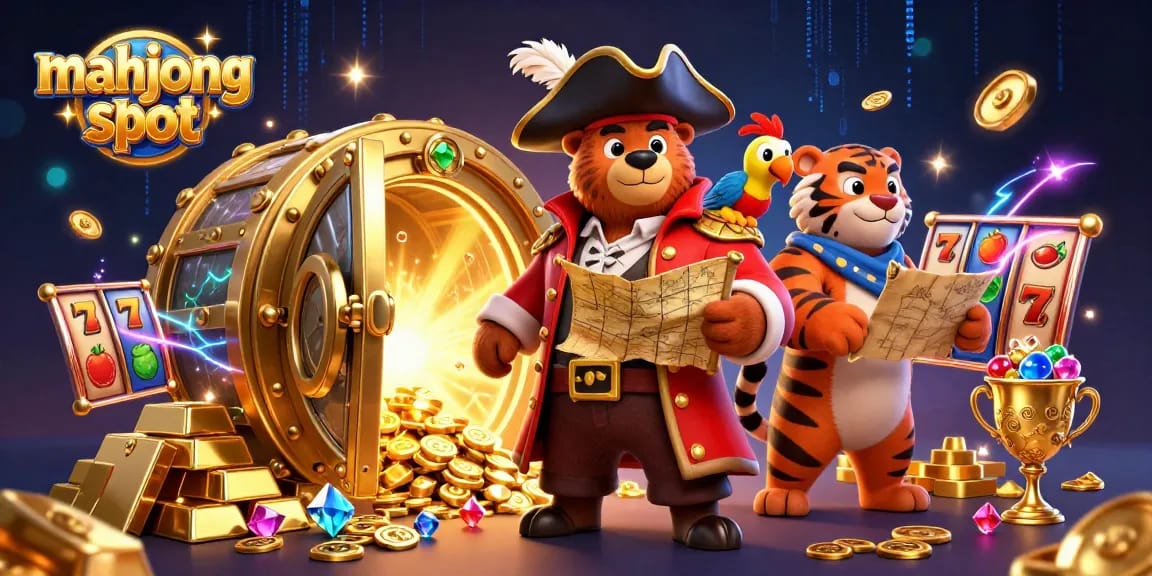 Experience the thrill of mahjong slot with a vibrant 3D illustration showcasing pirate characters and treasure.