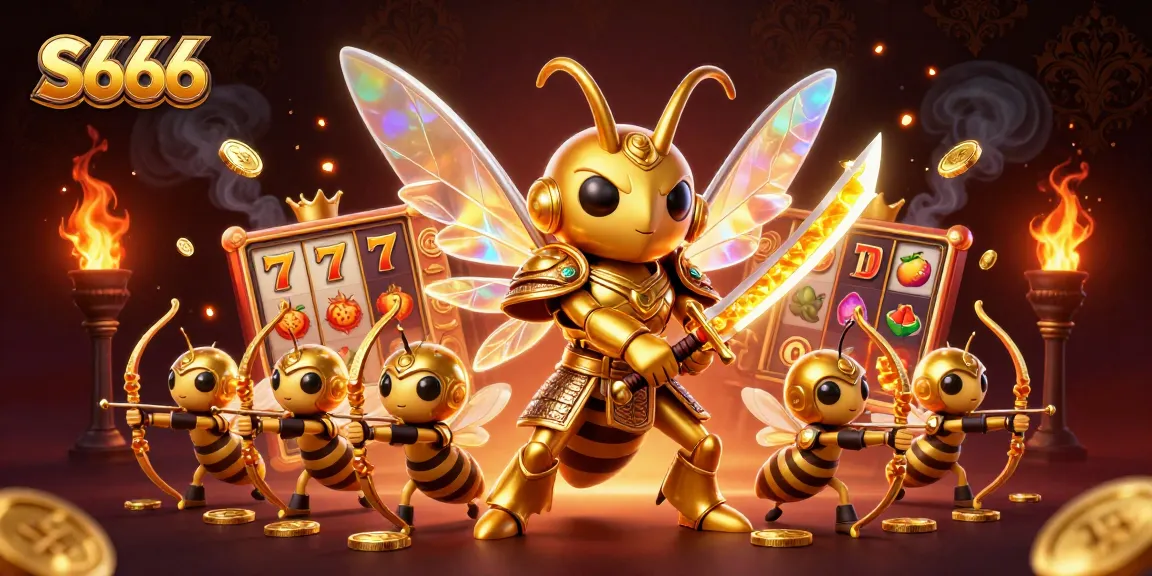 S666 showcases a vibrant online casino theme with engaging slot games, golden elements, and dynamic characters.