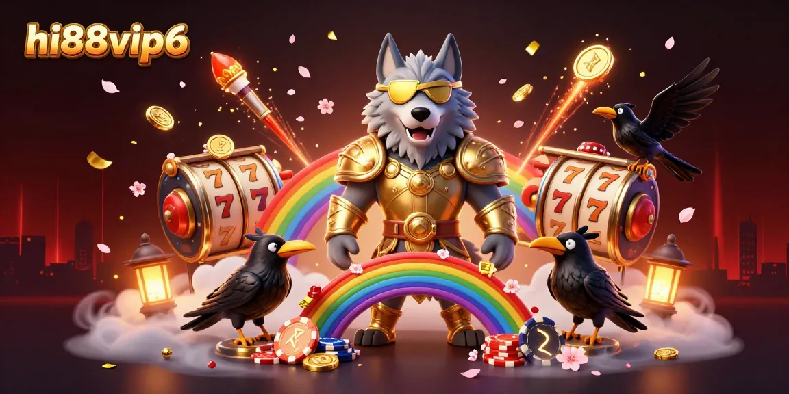 Experience the thrill of hi88vip6 with Odin's wolf and ravens amidst a vibrant casino scene.