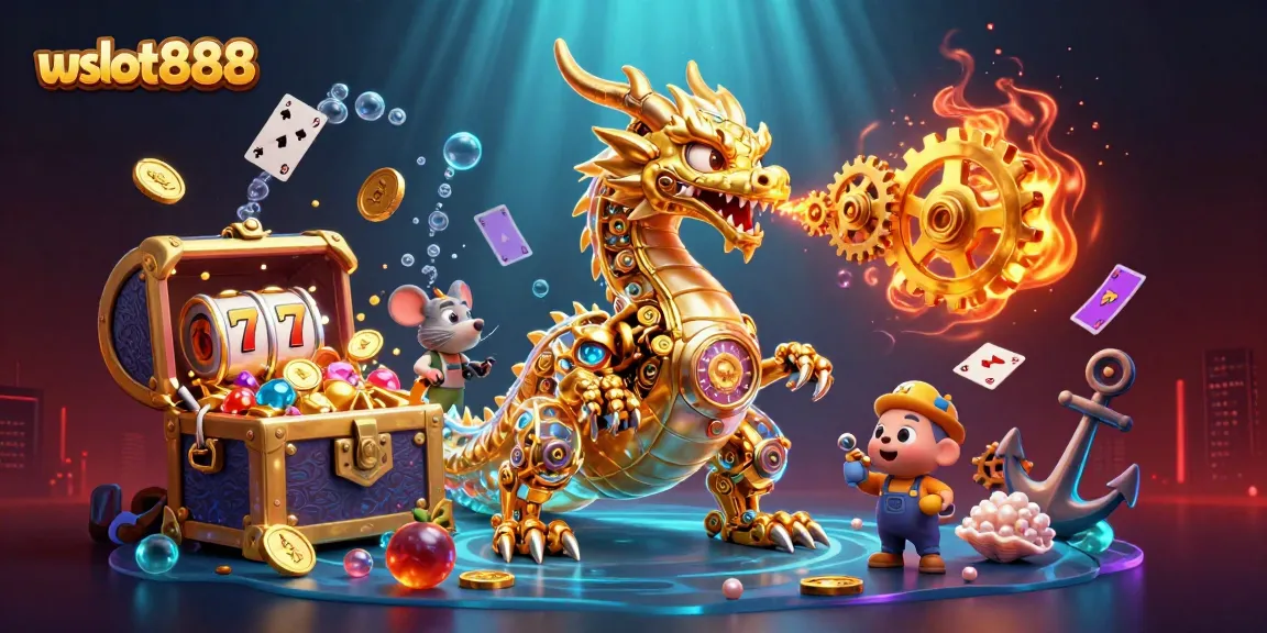 Rasakan keseruan wslot888 dengan naga emas dan simbol slot di lingkungan magis.