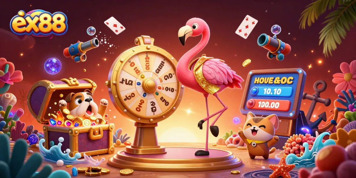 Win big at ex88 with a vibrant casino scene featuring 3D characters and exciting game elements.