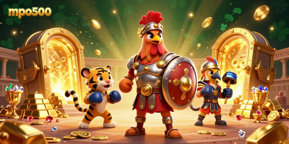 Engage with mpo500 in a vibrant 3D scene filled with gold and jewels manifesting luck and winnings.