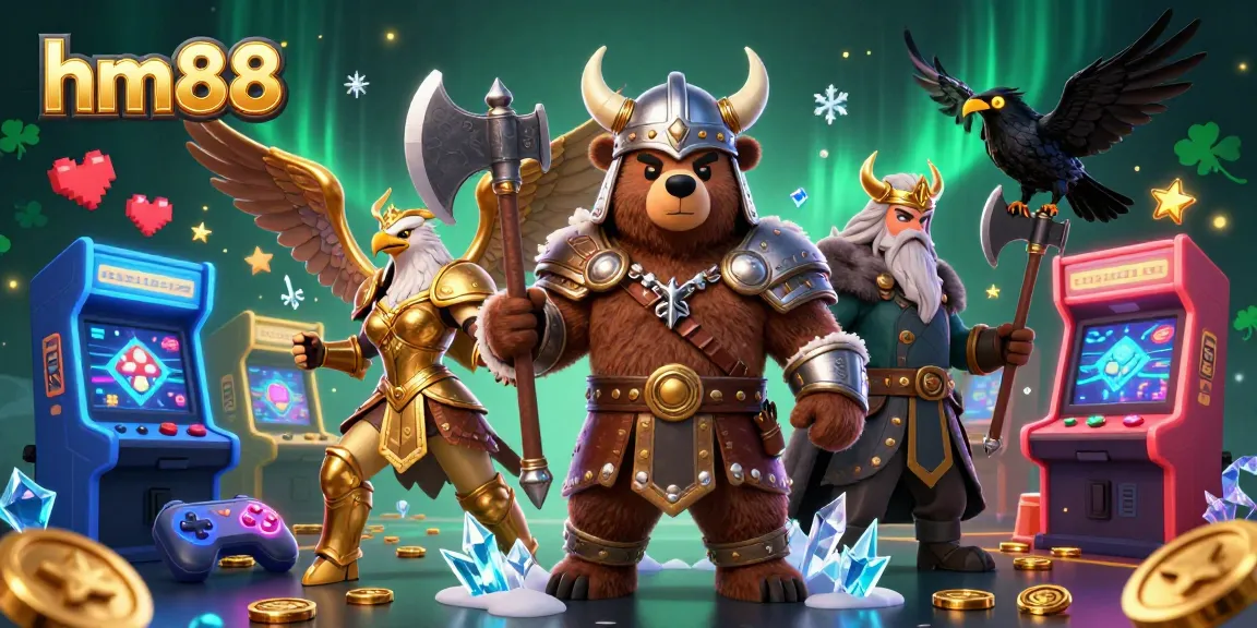 Experience the excitement of hm88 with a dynamic 3D scene depicting a Viking bear and Valkyrie eagle in a casino setting.