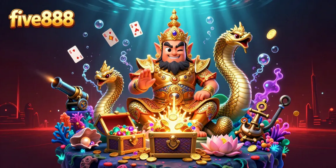 Five888 captivates with a vibrant underwater casino scene blending treasures and mythical guardians.