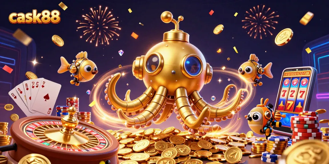 Cask88 showcases an exciting online casino adventure with a vibrant kraken and golden coins.