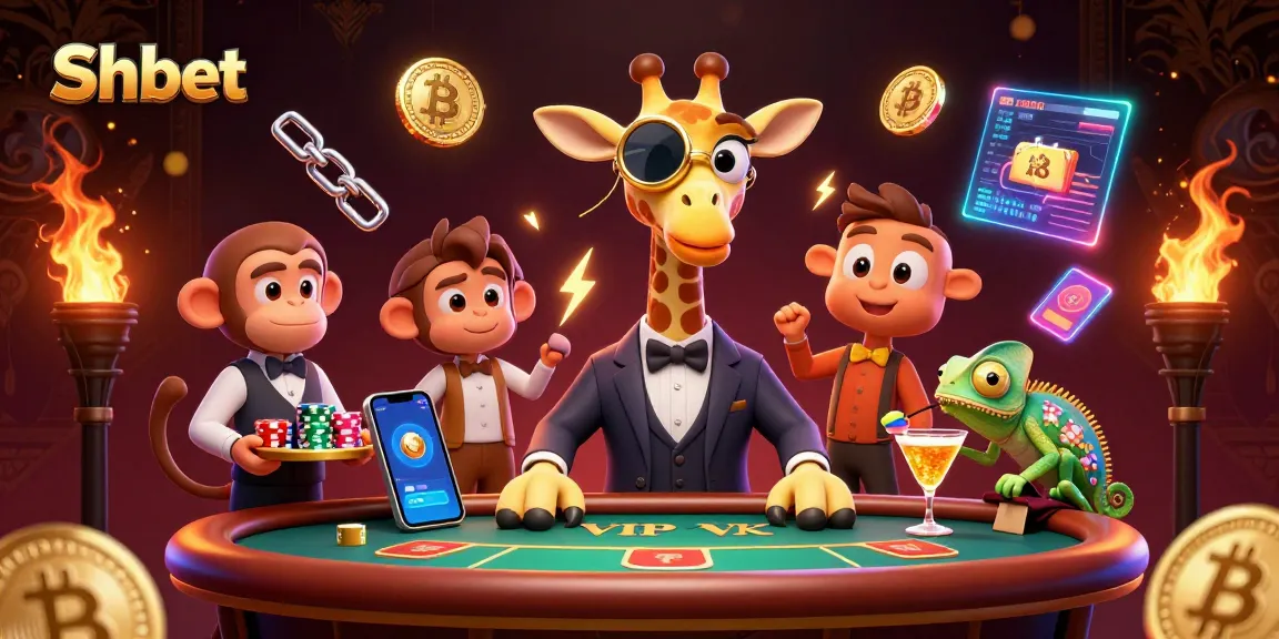 Engage with Shbet's luxurious gaming environment featuring a high-roller giraffe, monkey valet, and chameleon bartender amidst vibrant casino elements.