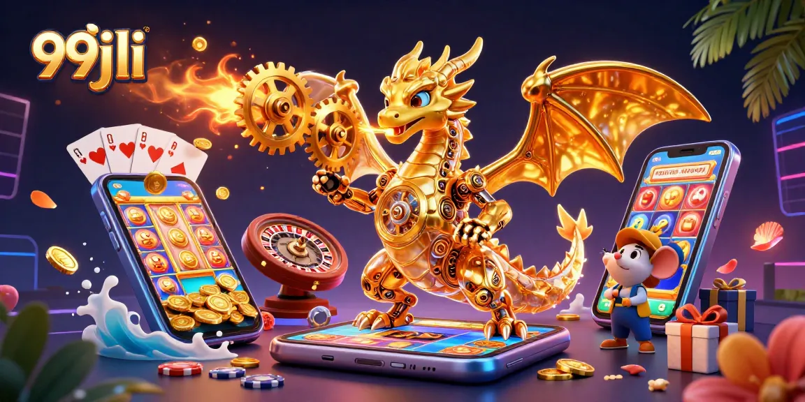 Experience thrilling gaming action with 99jili as the dragon breathes gears amidst vibrant casino elements.