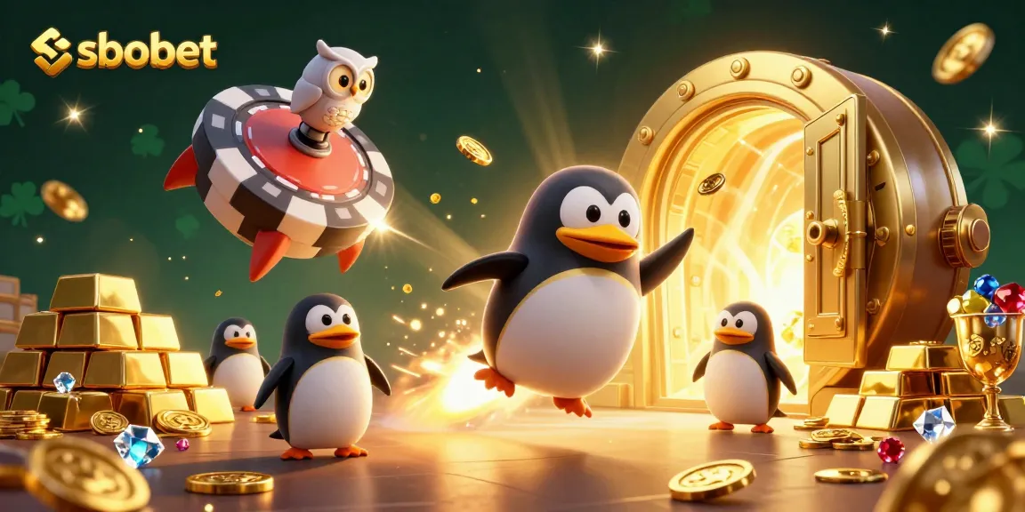SBOBET captures the excitement of online sports betting with a penguin highlighted against a vibrant casino backdrop.