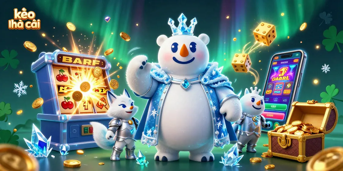 Engage in kèo nhà cái with a thrilling 3D scene featuring a polar bear and snow fox among gambling symbols.