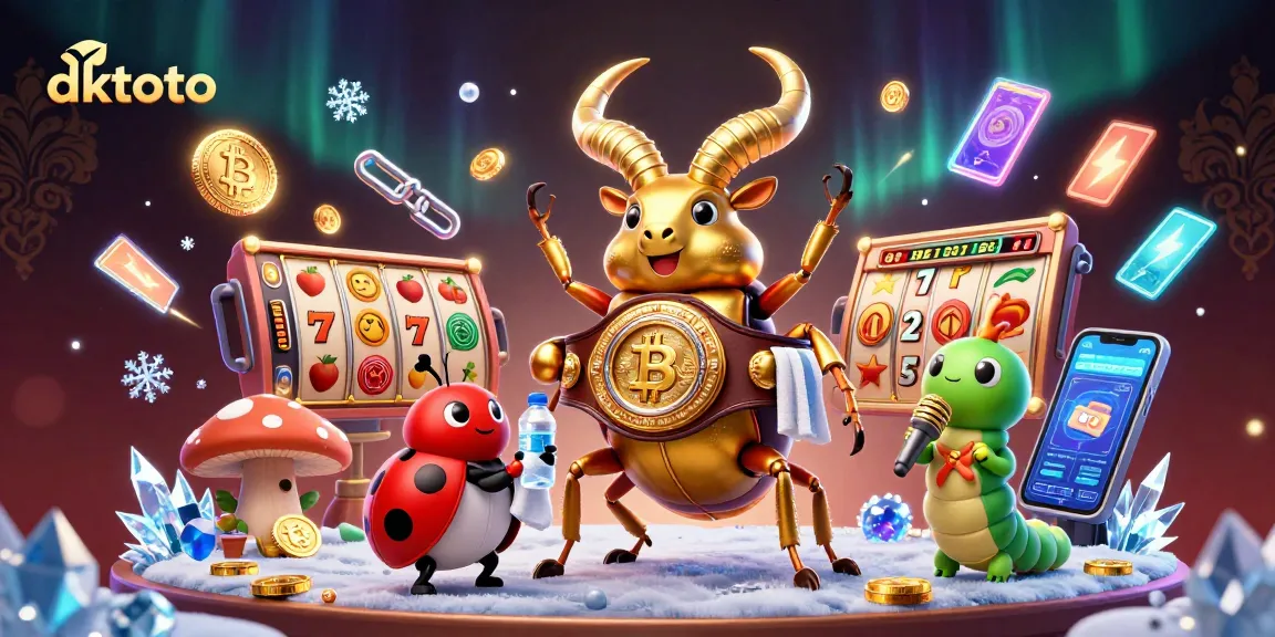 Engage with dktoto's lively casino atmosphere featuring a boxing beetle champion and vibrant slot symbols.