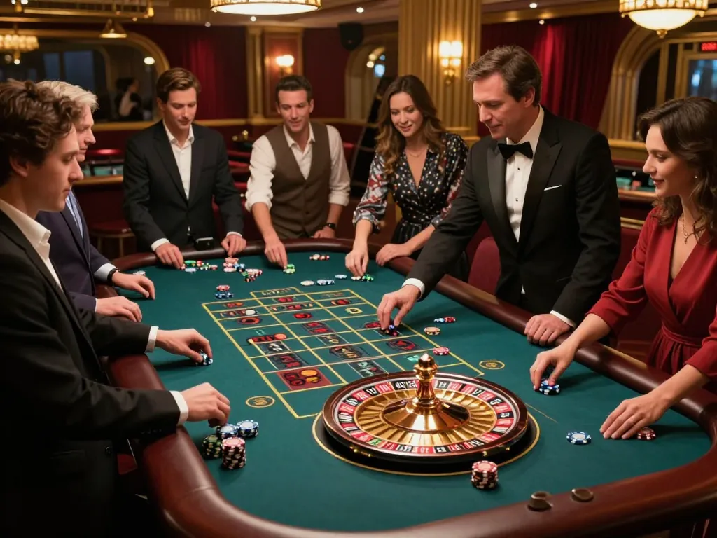 Players enjoying roulette at debet casino, vibrant table action with colorful chips and a spinning wheel.