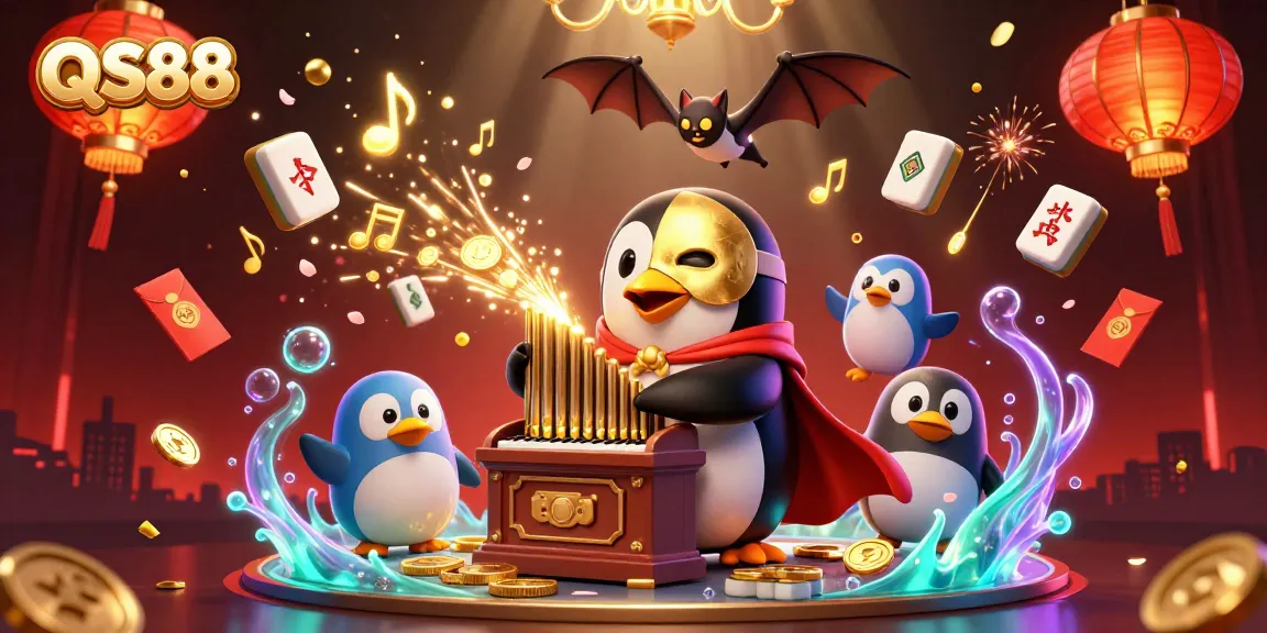 QS88 penguin maestro brings luck with golden coins in vibrant casino scene.