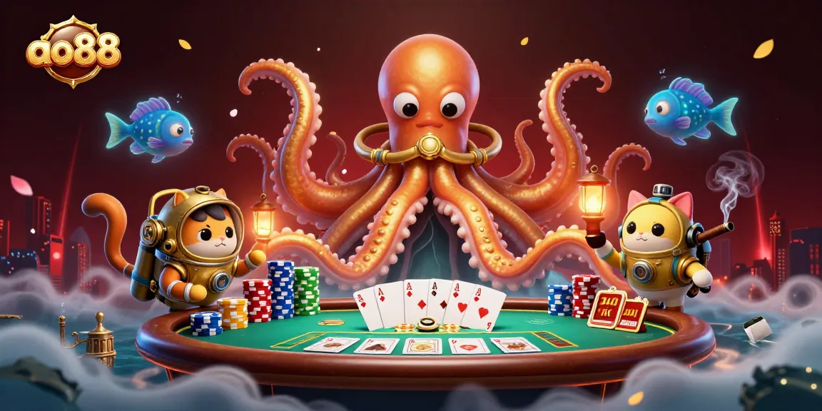 Experience the thrilling ao88 casino adventure with a kraken, diving cat, and poker elements.
