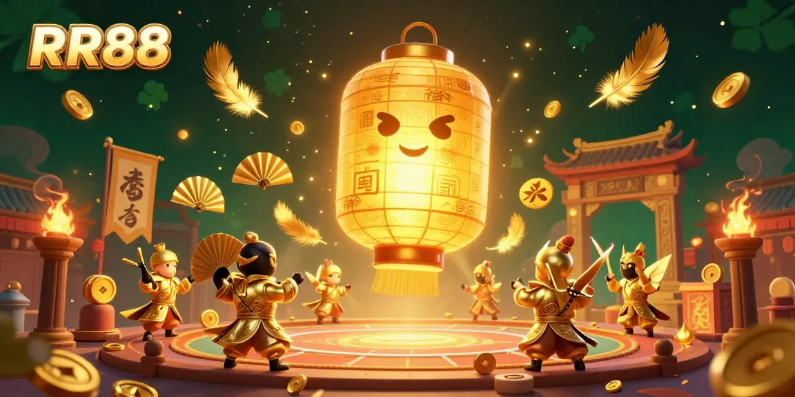 RR88 offers a vibrant 3D illustration depicting a dynamic night market casino scene filled with lucky symbols and golden elements.