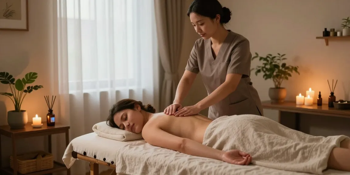 Relaxing wellness scene with 오산출장마사지 in a tranquil room filled with soothing elements.