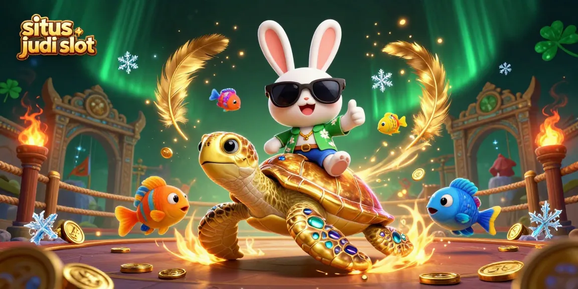 Engage with the situs judi slot scene showcasing a lucky rabbit and sea turtle amidst a vibrant casino atmosphere.