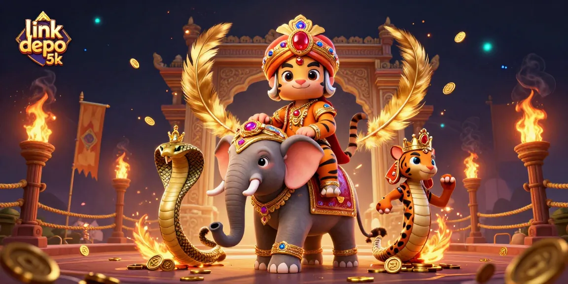 Experience thrilling slots with link depo 5k featuring a dynamic 3D casino illustration of a maharaja tiger and elephant.