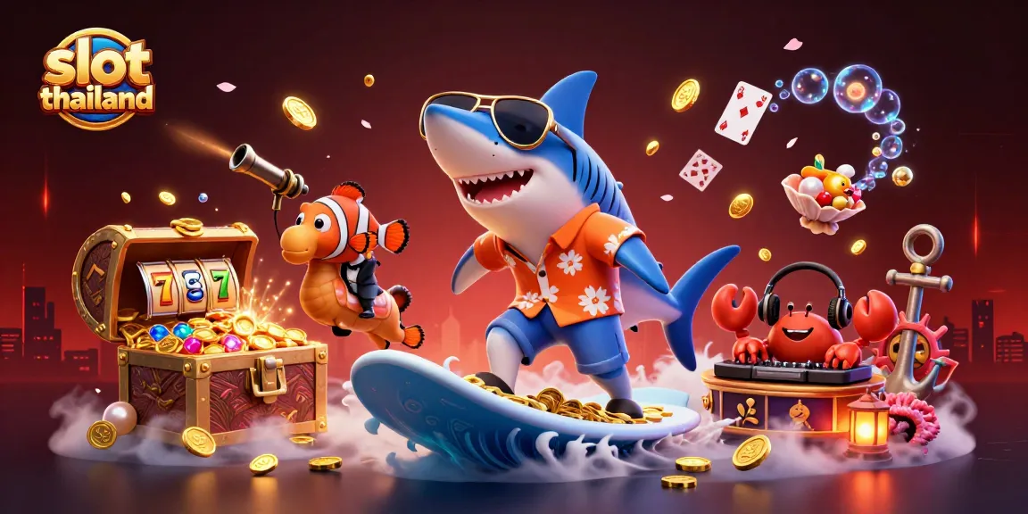 Spin and win at slot thailand with a vibrant underwater casino scene featuring a shark and colorful characters.
