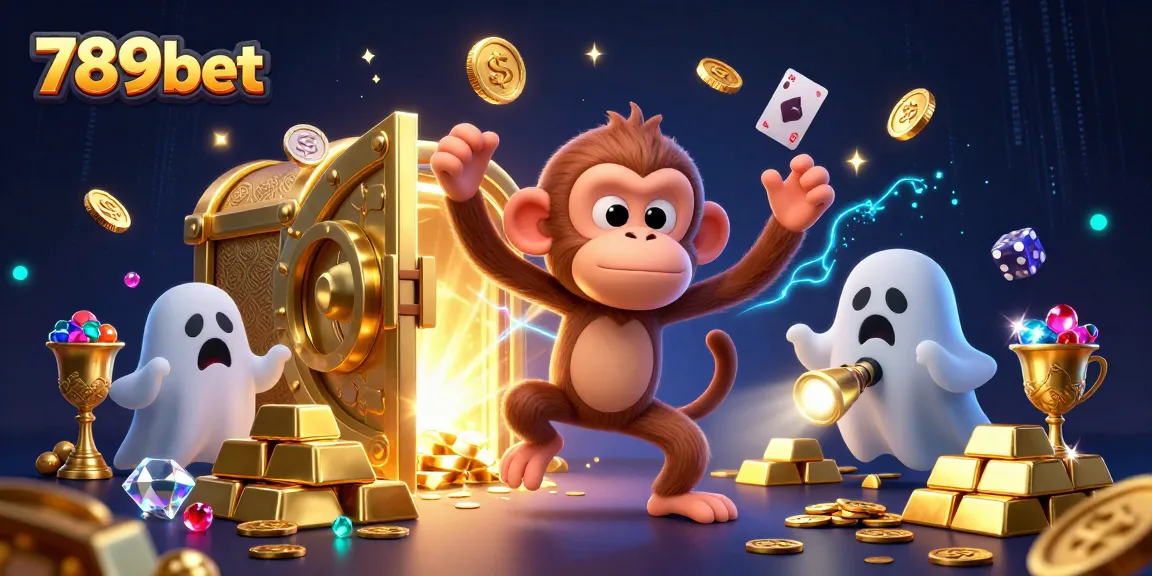 Engage with 789bet's vibrant gaming world, featuring a mischievous monkey and a curious puppy exploring a haunted casino.