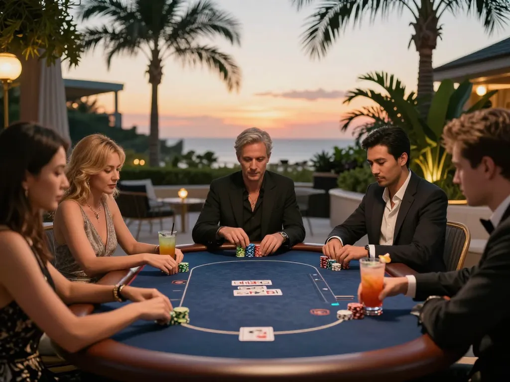 Players enjoying an exciting poker game at the outdoor terrace of 98wincom casino.