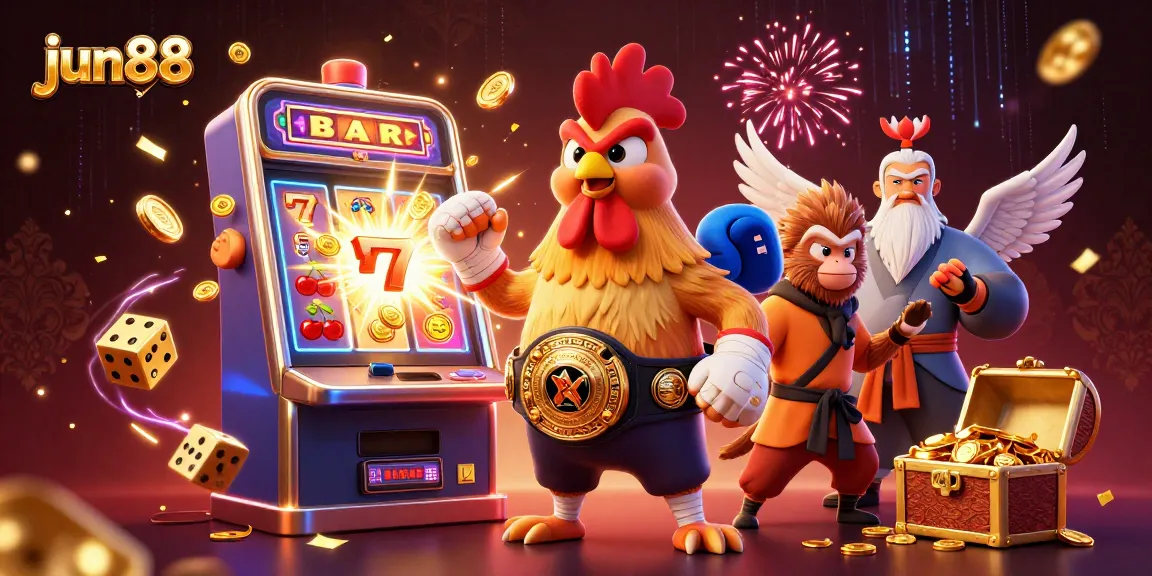 Experience thrill at jun88 with dynamic slot machines, colorful characters, and vibrant casino atmosphere.